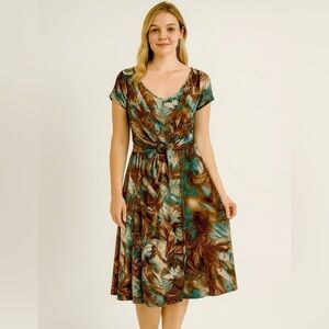 Perceptions New York Women’s Dress Size 12-Brown Teal Abstract Floral Print Fit